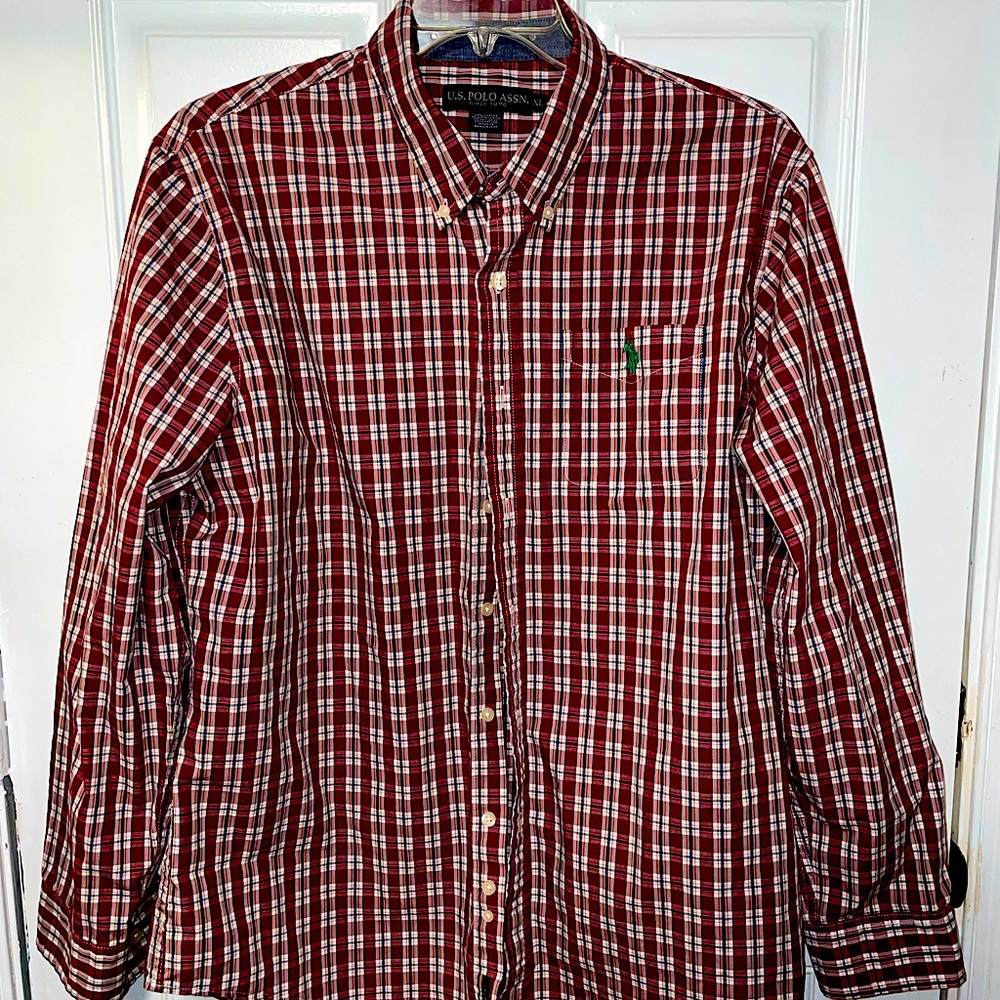 US Polo Assn. Men Long Sleeve Casual Red White and Blue Checkered Shirt XL